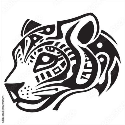 simple logo of the the lateral view of a maya draw jaguar head on a minimalist mayan aesthetic, on a white background