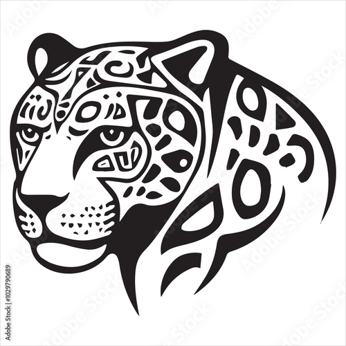 simple logo of the the lateral view of a maya draw jaguar head on a minimalist mayan aesthetic, on a white background