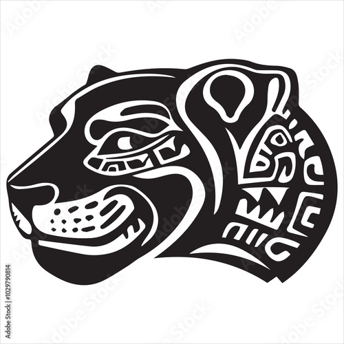 simple logo of the the lateral view of a maya draw jaguar head on a minimalist mayan aesthetic, on a white background