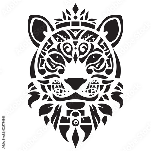 simple logo of the the lateral view of a maya draw jaguar head on a minimalist mayan aesthetic, on a white background