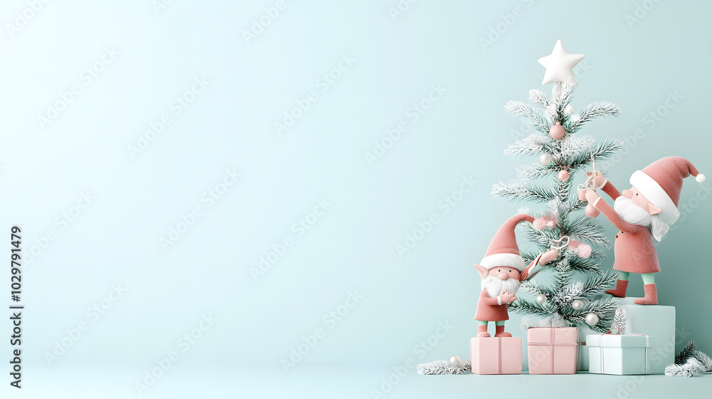 Charming gnomes adorning a delicate christmas tree in soft pastel hues for a magical holiday atmosphere Charming gnomes adorning a delicate christmas tree in soft pastel hues for a magical holiday atmosphere