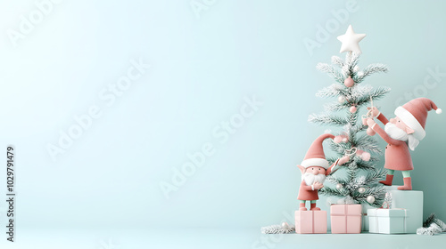 Charming gnomes adorning a delicate christmas tree in soft pastel hues for a magical holiday atmosphere