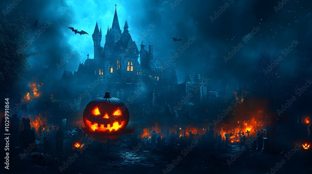 Halloween scene horror background with creepy pumpkins of spooky halloween haunted mansion Evil houseat night with full moon Halloween scene horror background with creepy pumpkins of spooky halloween haunted mansion Evil houseat night with full moon