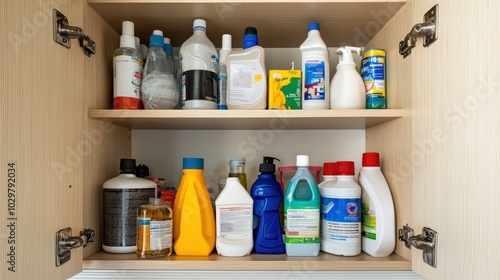 A kitchen cabinet with common household hazardous materials, like bleach and pesticides. photo