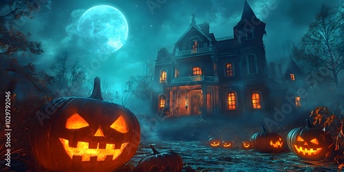 Halloween scene horror background with creepy pumpkins of spooky halloween haunted mansion Evil houseat night with full moon