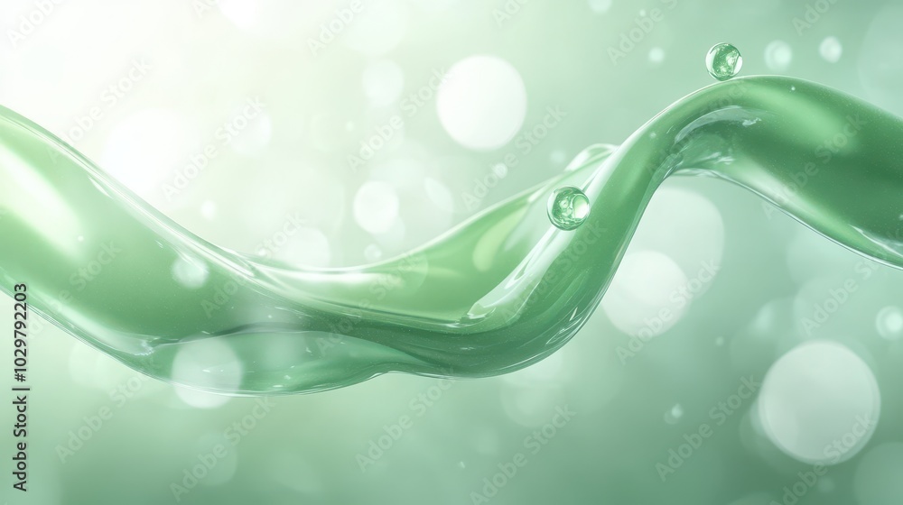 A green wave with three drops of water on it. The image has a calming and serene mood, as the water appears to be flowing peacefully A green wave with three drops of water on it. The image has a calming and serene mood, as the water appears to be flowing peacefully