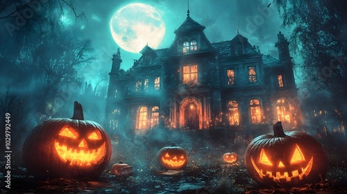 Halloween scene horror background with creepy pumpkins of spooky halloween haunted mansion Evil houseat night with full moon photo