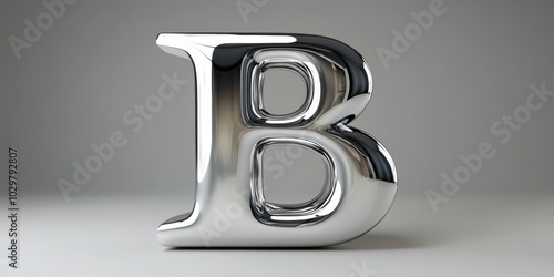 Shiny chrome letter B on gray background. photo