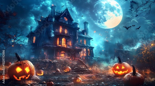 Halloween scene horror background with creepy pumpkins of spooky halloween haunted mansion Evil houseat night with full moon