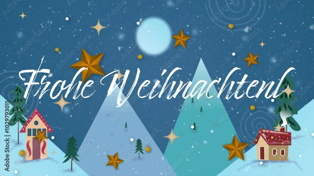 Frohe Weihnachten text animation over snowy winter landscape with stars and trees Frohe Weihnachten text animation over snowy winter landscape with stars and trees
