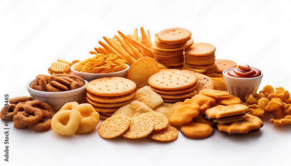 Food Illustration of snacks, cookie, nuts and chips isolated on white background Food Illustration of snacks, cookie, nuts and chips isolated on white background