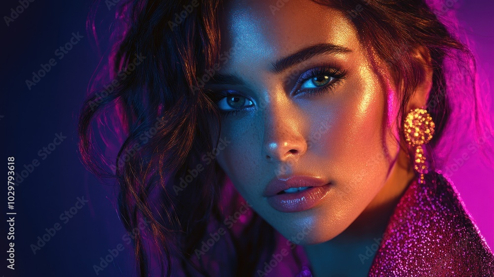 Close Up Portrait of a Woman with Neon Light Close Up Portrait of a Woman with Neon Light