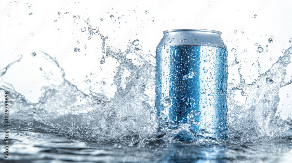 mock up drink can and splash on white background mock up drink can and splash on white background