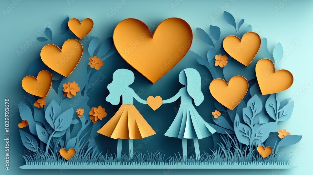 Paper Cutout Design of Two Friends with Hearts Paper Cutout Design of Two Friends with Hearts