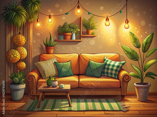 Wallpaper Mural Cozy Sofa Bed in Hand-Drawn Doodle Style for Warm Interior Decor Torontodigital.ca