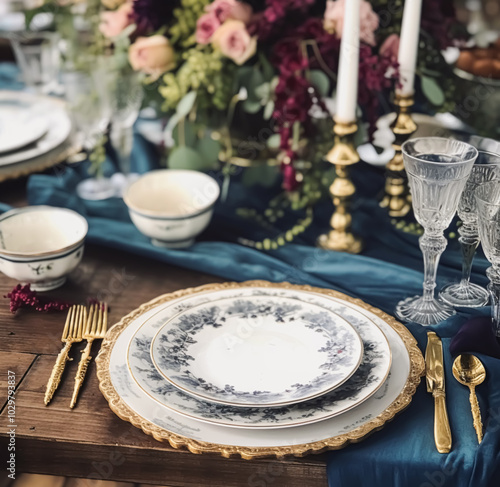 Formal holiday tablescape with blue decor, dinner table setting, table scape with elegant tableware and dinnerware for wedding party and event, post-processed, generative ai