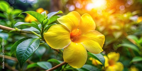 Vibrant Alamanda cathartica flower with forced perspective in the morning sunlight