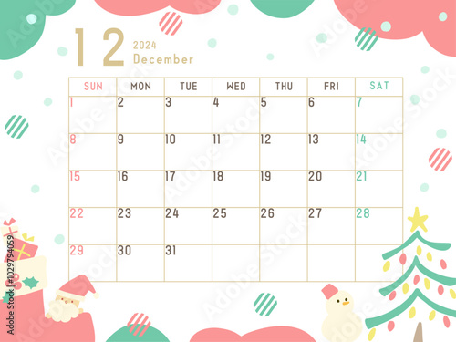 2024年12月のカレンダー　サンタ柄