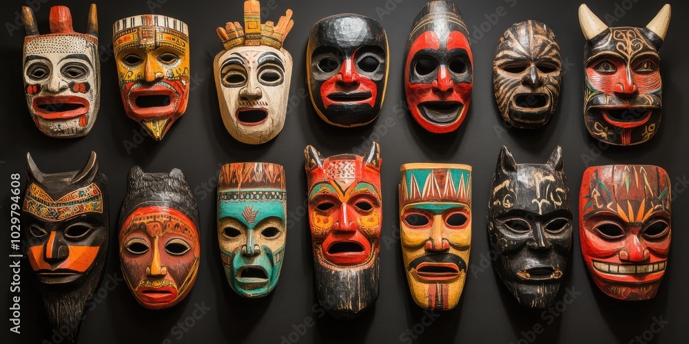 Collection of colorful carved wooden masks. Collection of colorful carved wooden masks.