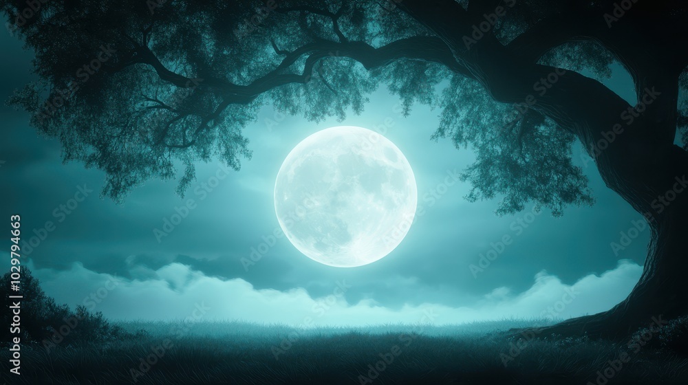 A large blue moon is shining in the sky above a tree. The scene is peaceful and serene, with the moon casting a soft glow on the grass below. The tree provides a sense of shelter and protection A large blue moon is shining in the sky above a tree. The scene is peaceful and serene, with the moon casting a soft glow on the grass below. The tree provides a sense of shelter and protection
