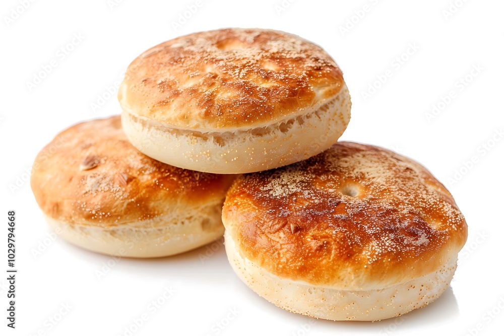 Pile English muffin wheat isolated on white background. 3D rendering. Pile English muffin wheat isolated on white background. 3D rendering.
