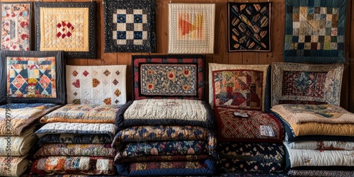 Patchwork quilts and pillows on display. photo