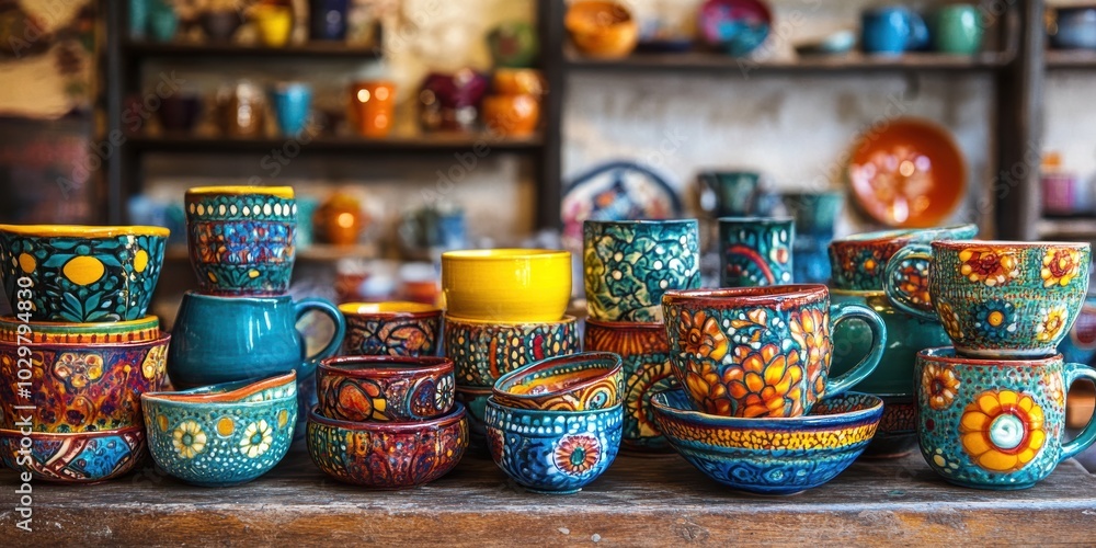 Colorful ceramic mugs and bowls on display. Colorful ceramic mugs and bowls on display.