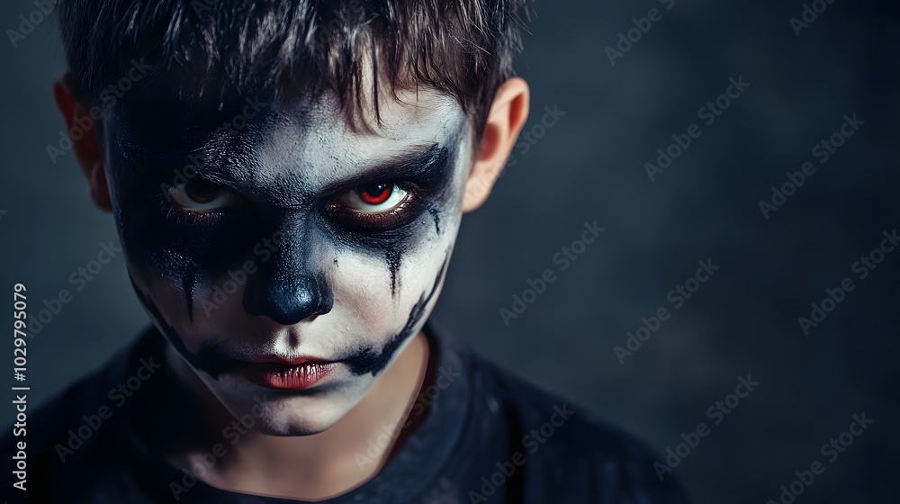 Boy make up as evil for halloween party, on a studio background Boy make up as evil for halloween party, on a studio background