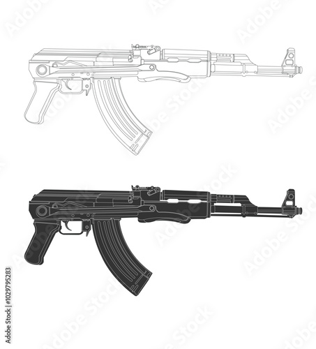 Line art vector AK 47 rifle with folding stock