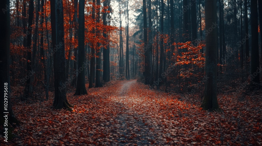 Autumn Path Through Dark Forest Autumn Path Through Dark Forest
