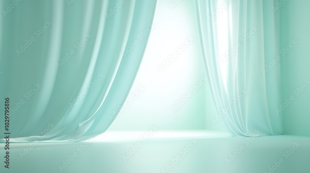 A room with a curtain in the middle and a window on the right. The curtain is open, and the room is bright and airy A room with a curtain in the middle and a window on the right. The curtain is open, and the room is bright and airy