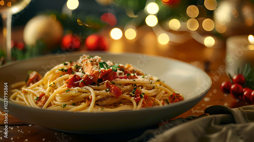 Christmas themed pasta dish, food photography photo