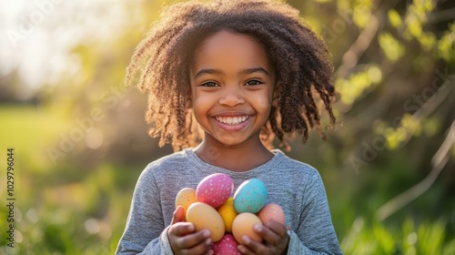 A beaming child of African descent joyfully treasures colorful Easter eggs in a vibrant garden on a sunny day.