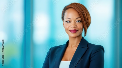 Empowered African American businesswoman exudes confidence in professional attire, set against a clean, modern office backdrop. Free Download Empowered African American businesswoman exudes confidence in professional attire, set against a clean, modern office backdrop. - GFXLoad