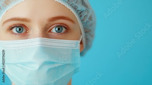 A dedicated medical professional stands poised in a hospital, ready to care, with focused eyes that radiate confidence.