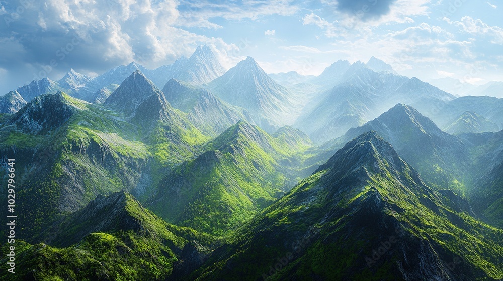 Scenic Mountain Range with Lush Greenery and Clouds Scenic Mountain Range with Lush Greenery and Clouds