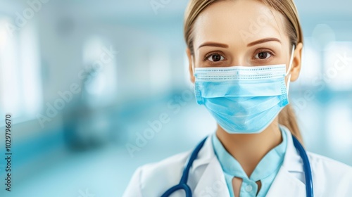 A dedicated female doctor in a mask, focused on her patient with a blurry hospital background that emphasizes care.