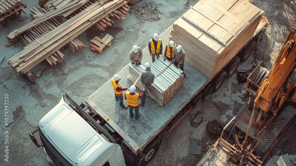 Workers unloading construction materials from a delivery truck. Workers unloading construction materials from a delivery truck.