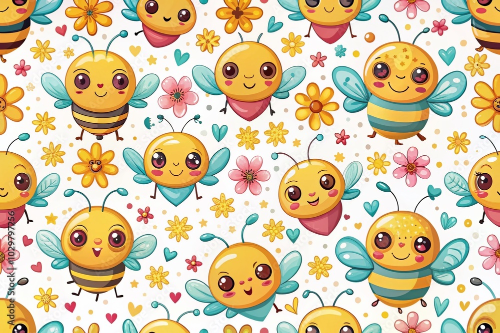 Cute Cartoon Bee Pattern for Kids' Decor and Crafts - Seamless Vector Design for Wallpapers, Wrapping Paper, and Cute Cartoon Bee Pattern for Kids' Decor and Crafts - Seamless Vector Design for Wallpapers, Wrapping Paper, and
