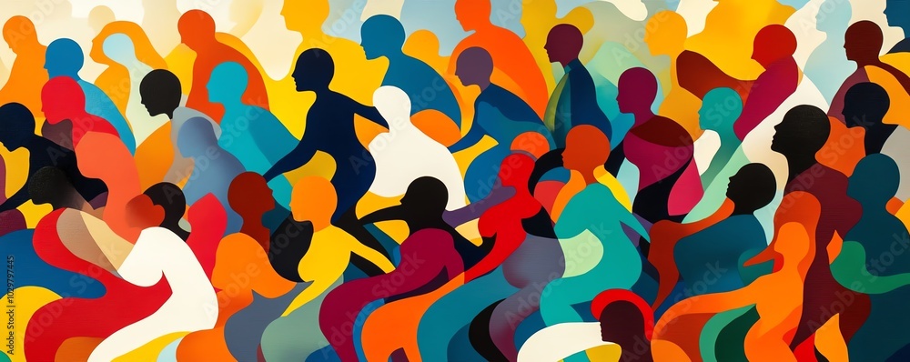 Fototapeta premium Stylized human figures representing a diverse crowd in motion, overlapping in an abstract design that embodies unity and community in vivid contrasting hues