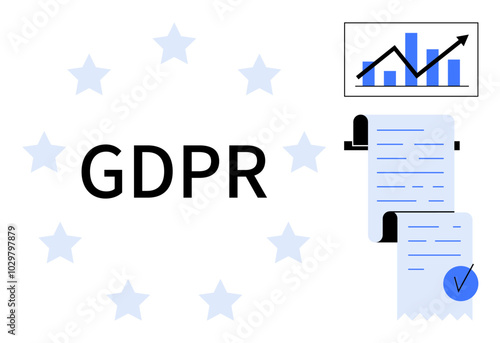 GDPR text at center surrounded by stars. On right, a chart with upward trend line and bar graph. Below, rolled papers with checkmark. Ideal for data protection, legal compliance, privacy