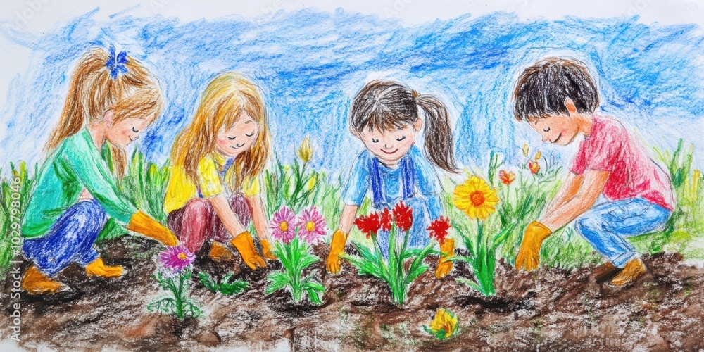 Obraz premium Four children planting flowers in garden.