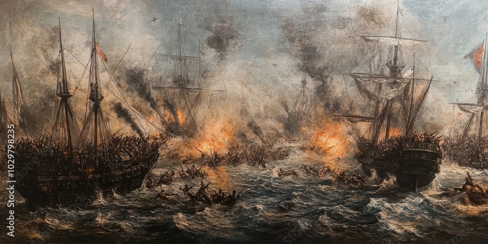 Fototapeta premium Naval battle scene with ships and smoke.
