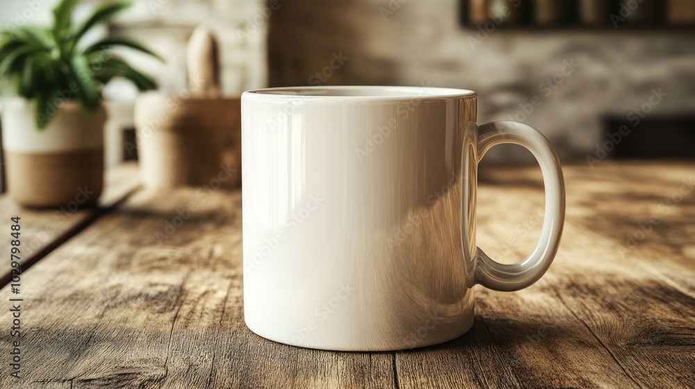 Fototapeta premium A white coffee mug sits on a rustic wooden table with a plant and other decor in the background.