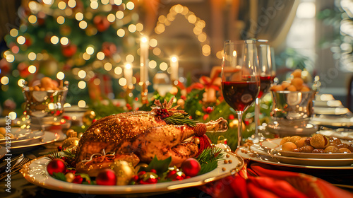 Christmas Dinner table full of dishes with food and snacks, New Year's decor with a Christmas tree on the background