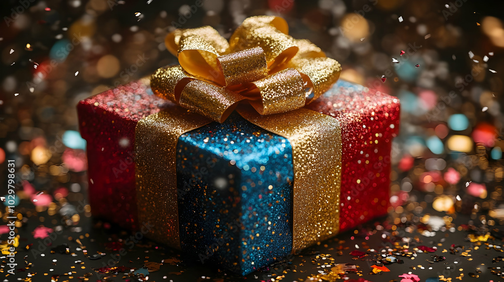Gift Box with Golden Bow and Confetti - Festive Decoration Gift Box with Golden Bow and Confetti - Festive Decoration