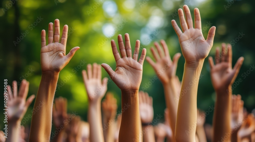 A close-up of a diverse group of hands raised in the air, symbolizing solidarity, activism, and collective action. A close-up of a diverse group of hands raised in the air, symbolizing solidarity, activism, and collective action.