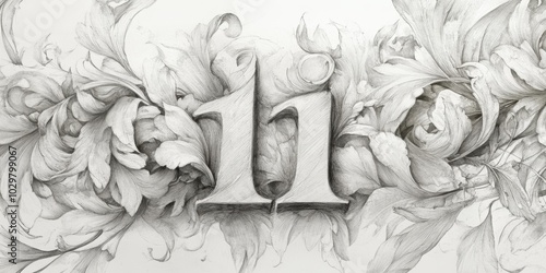 Pencil drawing of the number eleven with floral accents. photo