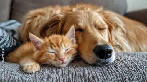 A close-up of a kitten resting on a dog back, showcasing the gentle bond between two different pets, set in a cozy, home environment. photo