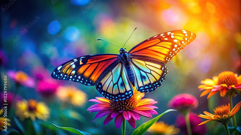 Fototapeta premium vibrant glowing butterfly and colorful flower in forest at tilted angle